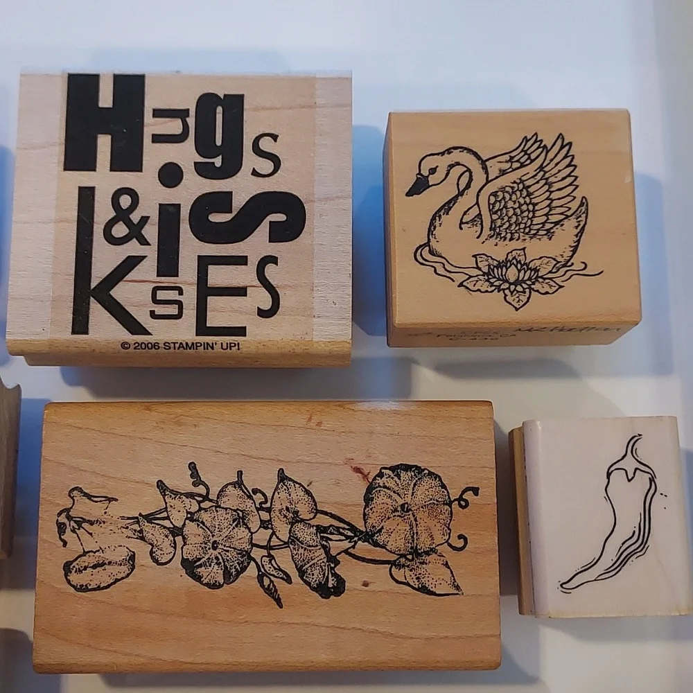 Rubber Stamps Set Of 9 Gardening Floral Swan Butterfly Pepper Wedding Hugs Kiss